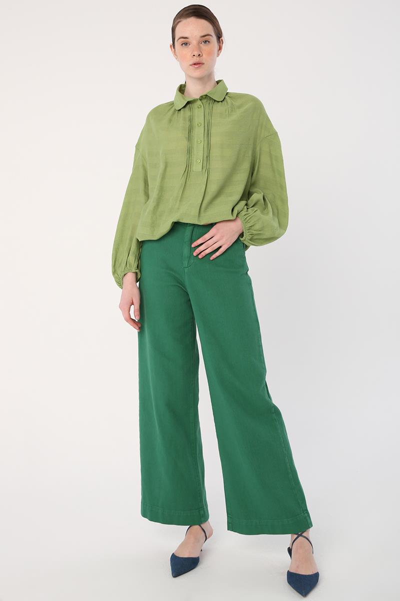 Green-100% Cotton Wide Leg Pocket Trousers