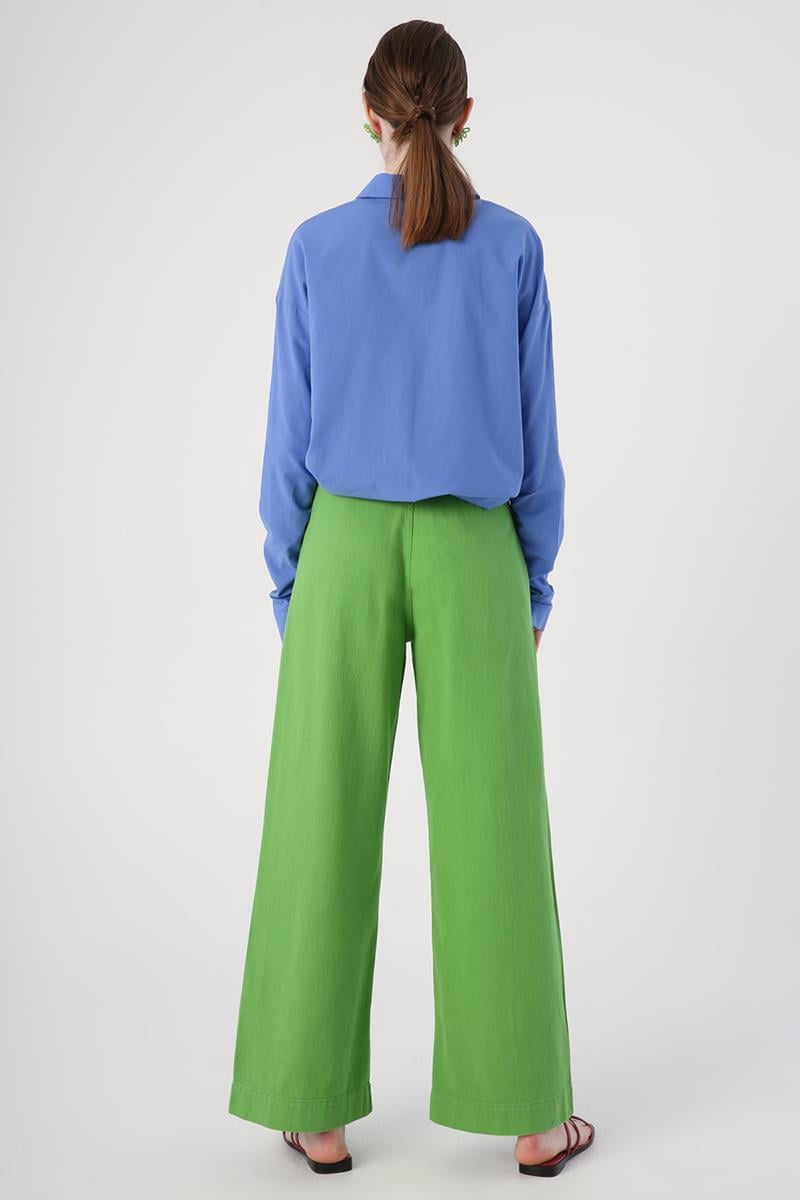 Green-100% Cotton High Waist Wide Leg Trousers
