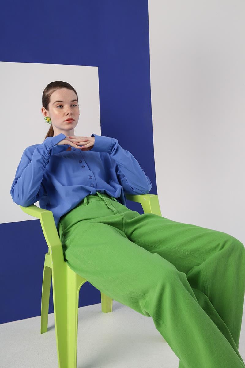 Green-100% Cotton High Waist Wide Leg Trousers