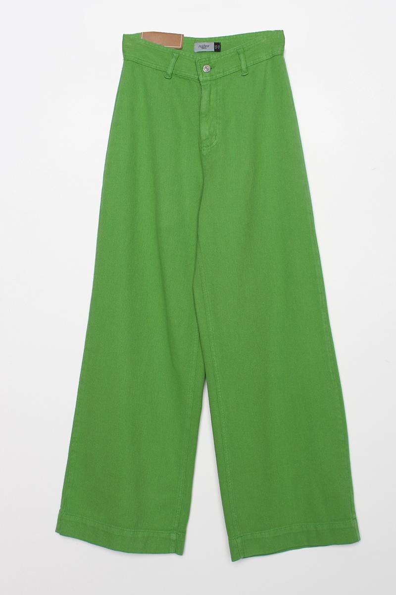 Green-100% Cotton High Waist Wide Leg Trousers
