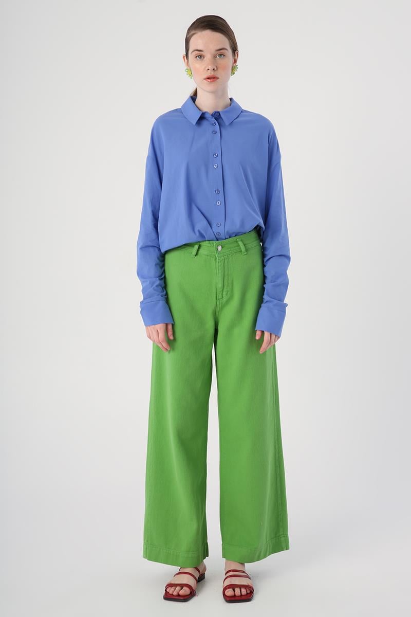 Green-100% Cotton High Waist Wide Leg Trousers
