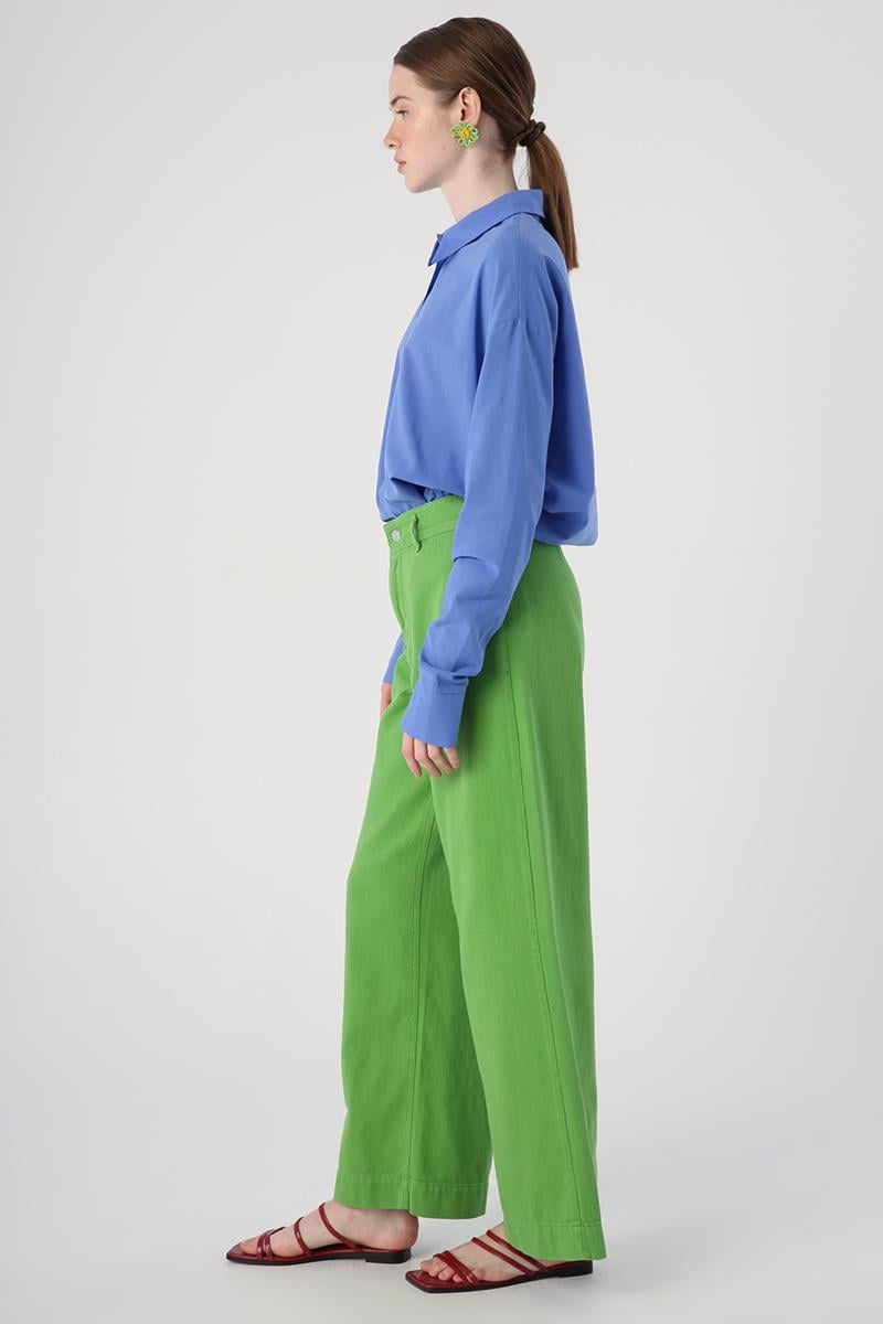 Green-100% Cotton High Waist Wide Leg Trousers