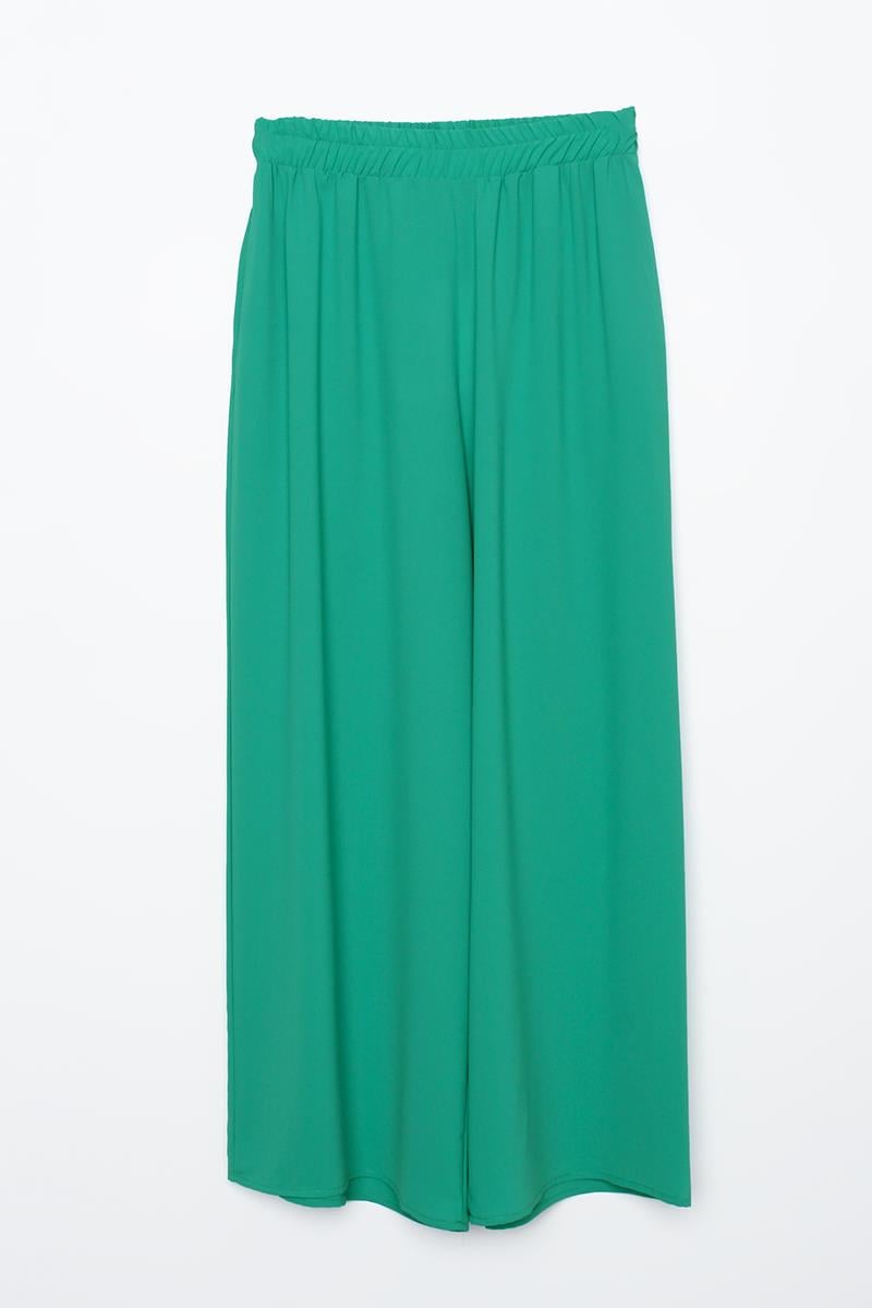 Yeşil-Asimetrik Kesim Tunikli Bol Paça Pantolonlu Salaş Takım