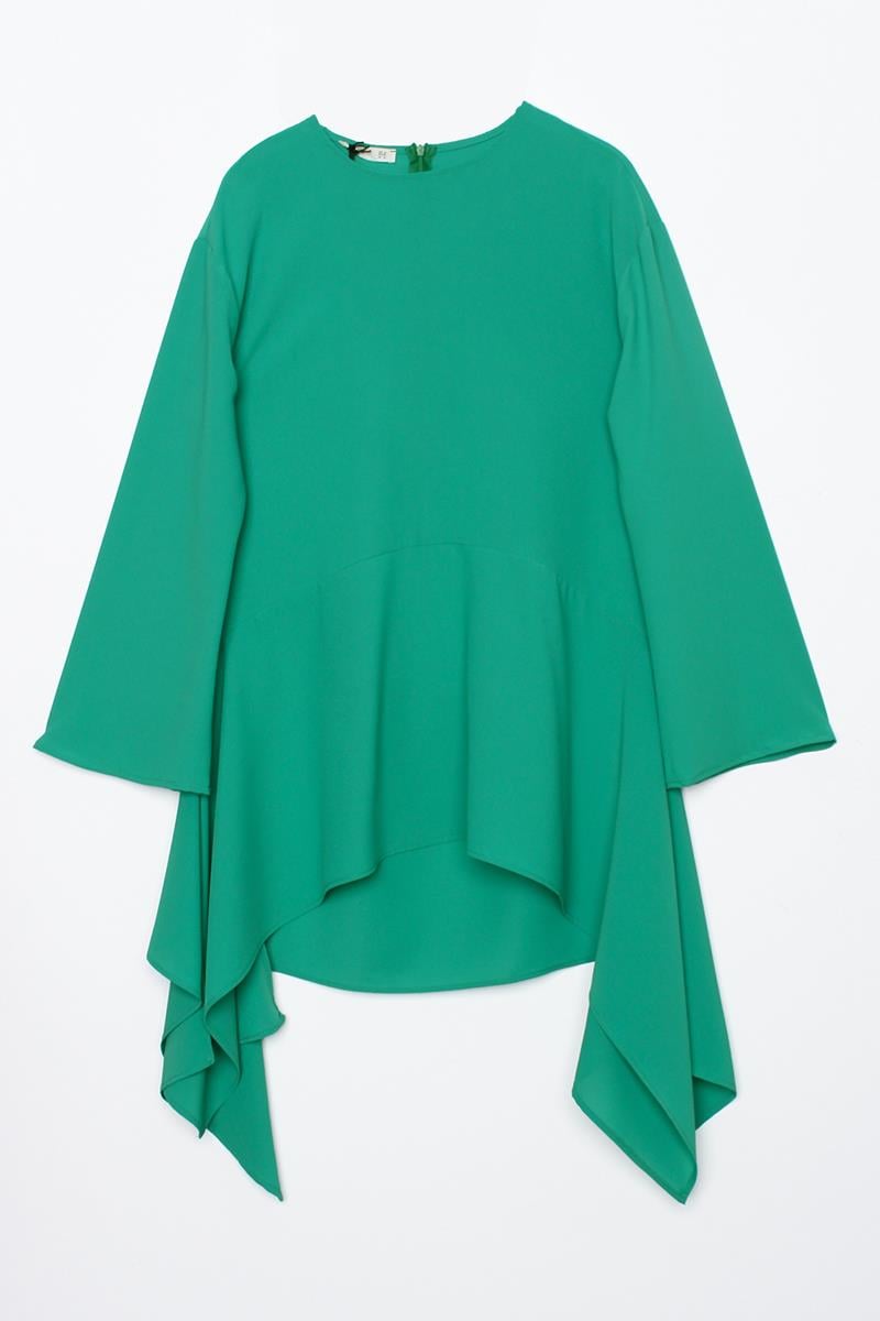 Yeşil-Asimetrik Kesim Tunikli Bol Paça Pantolonlu Salaş Takım