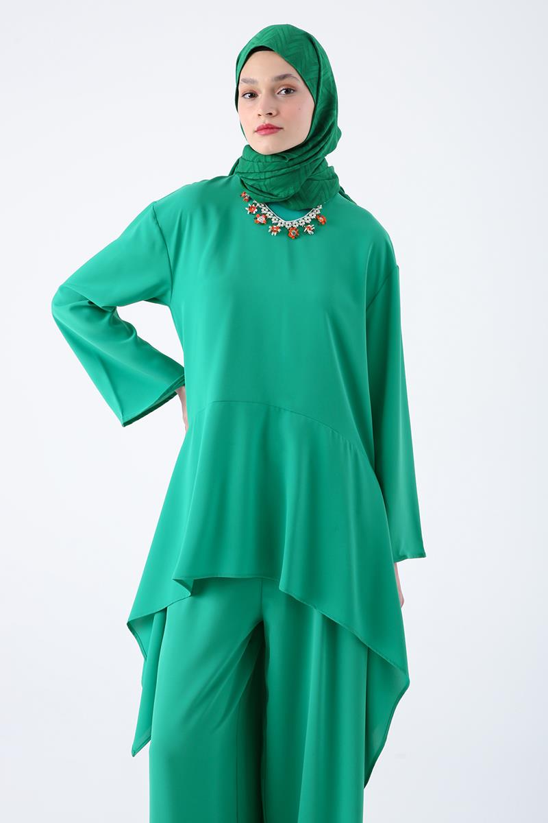 Yeşil-Asimetrik Kesim Tunikli Bol Paça Pantolonlu Salaş Takım