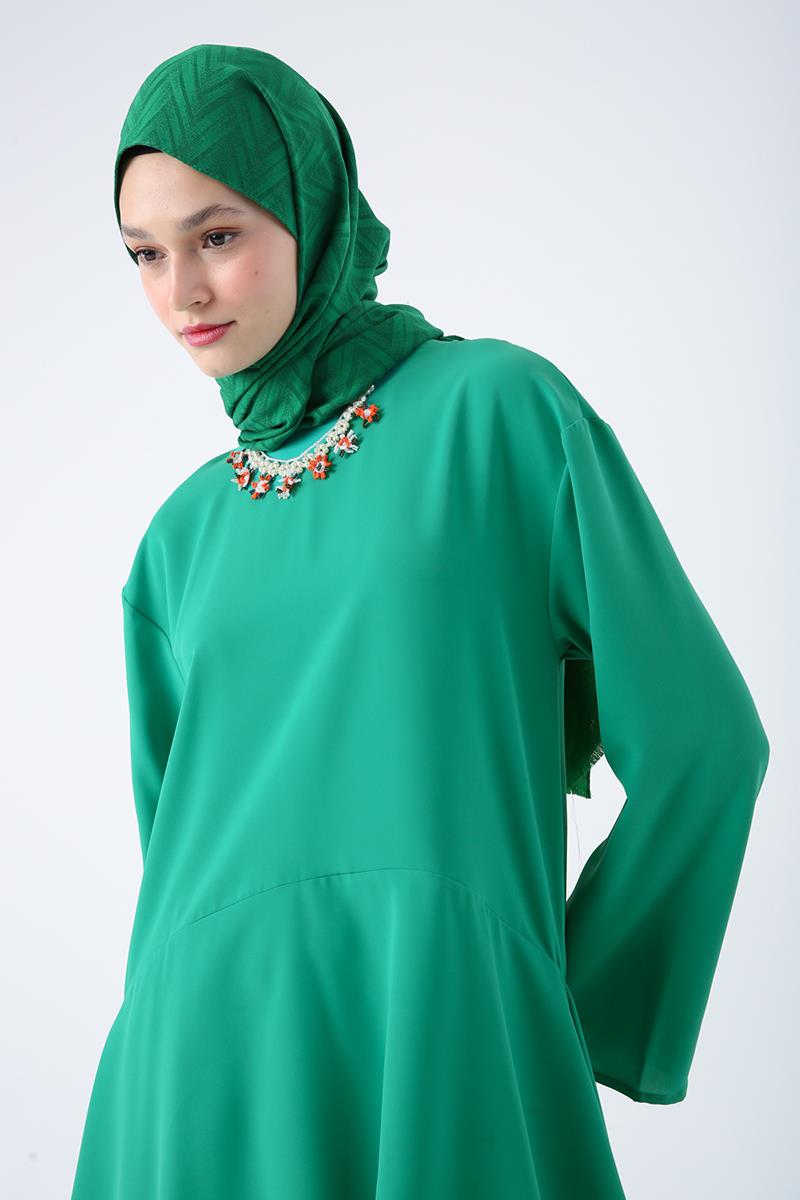 Yeşil-Asimetrik Kesim Tunikli Bol Paça Pantolonlu Salaş Takım