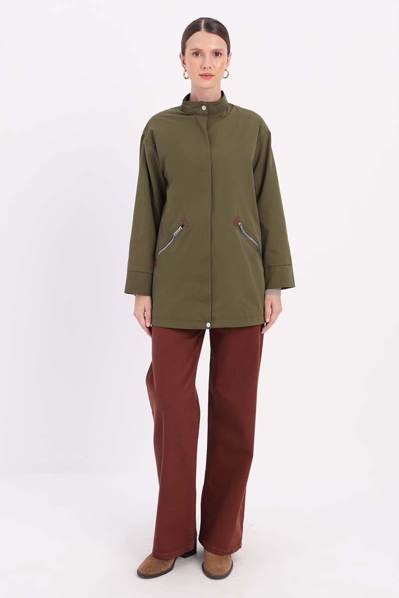 Green-Pocket Zipped TRENCH COAT