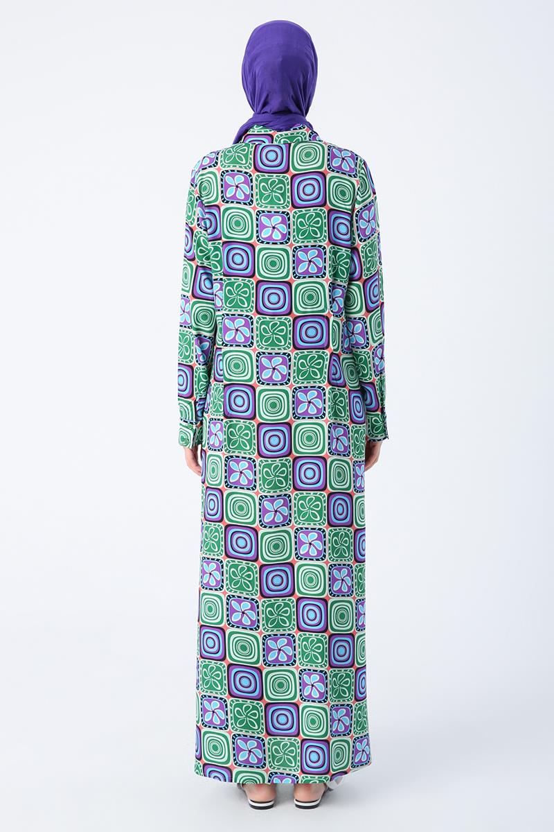 Green-Purple-Pencil Patterned Viscose Shirt Dress