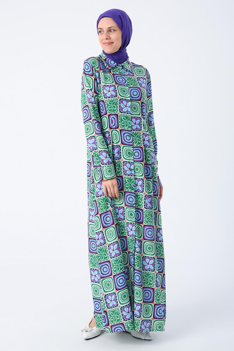 Green-Purple-Pencil Patterned Viscose Shirt Dress