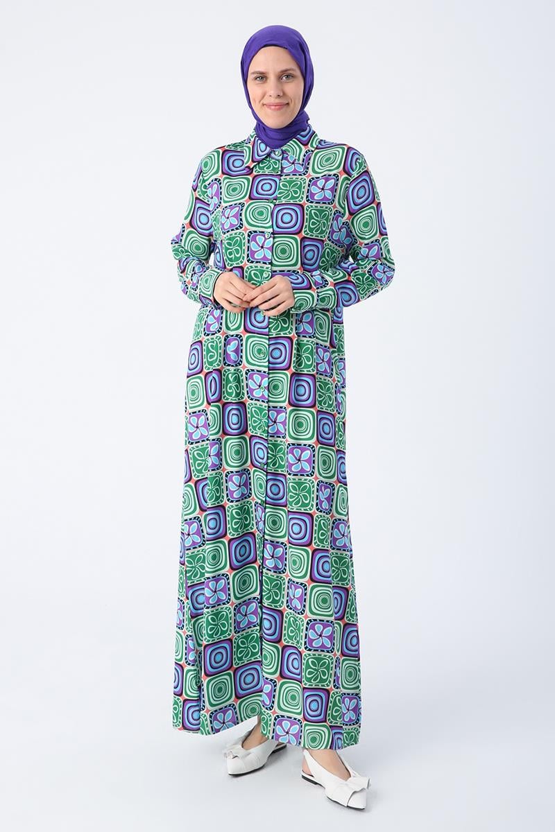 Green-Purple-Pencil Patterned Viscose Shirt Dress