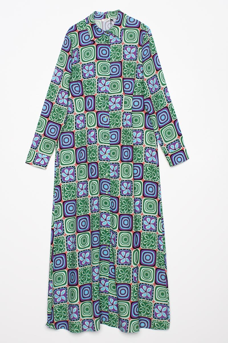 Green-Purple-Pencil Patterned Viscose Shirt Dress