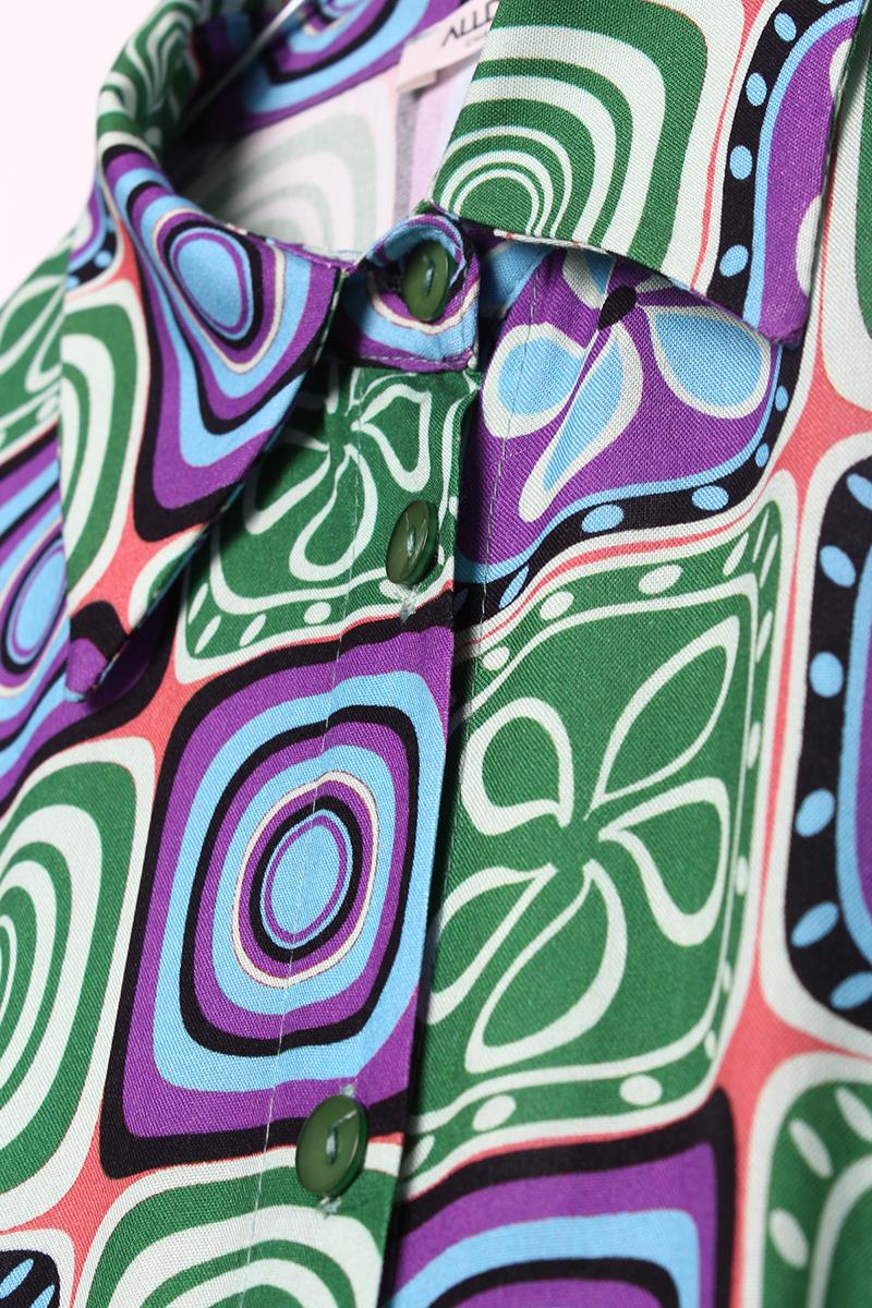 Green-Purple-Pencil Patterned Viscose Shirt Dress