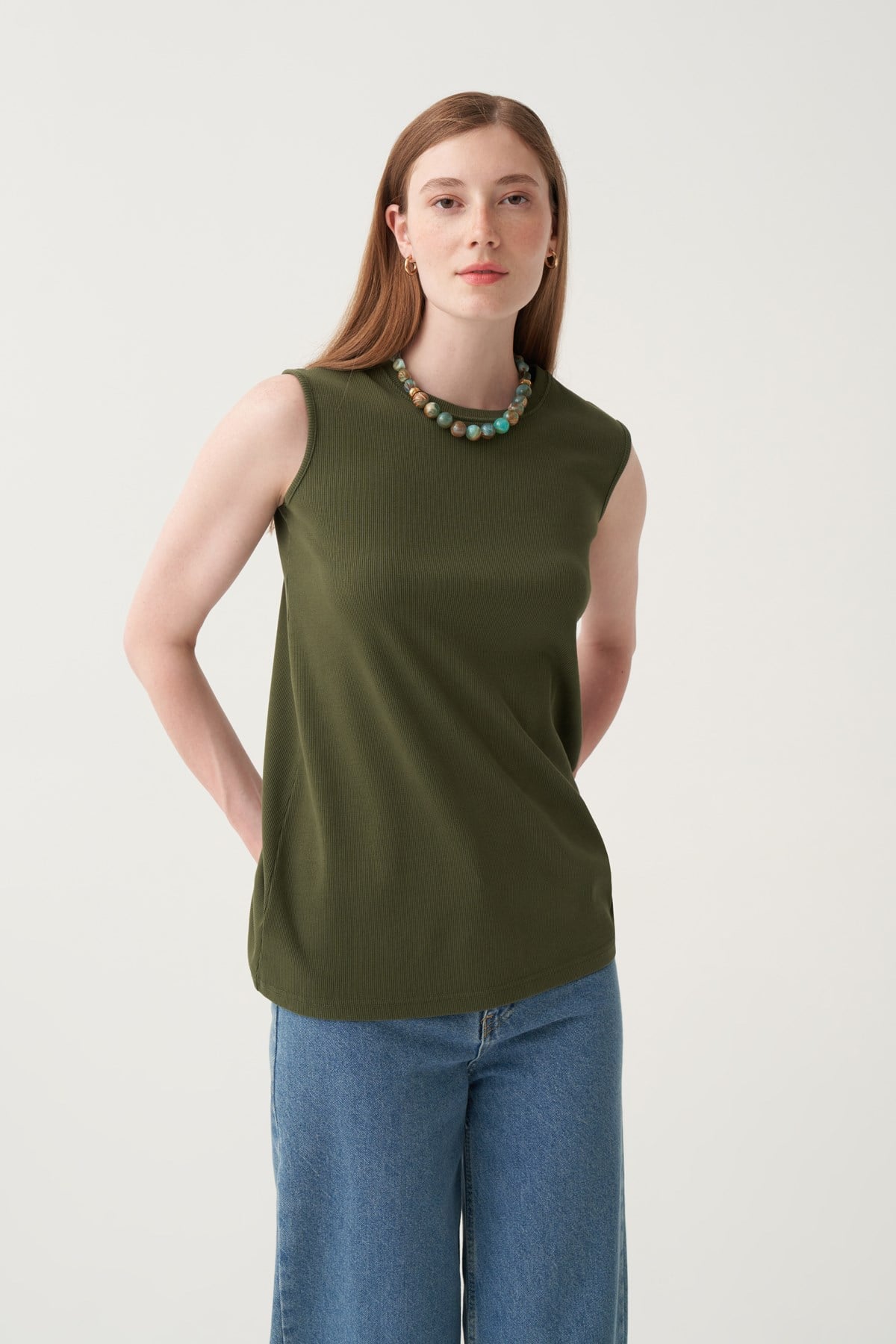 Yeşil-Pamuklu Fitilli Kolsuz T-Shirt