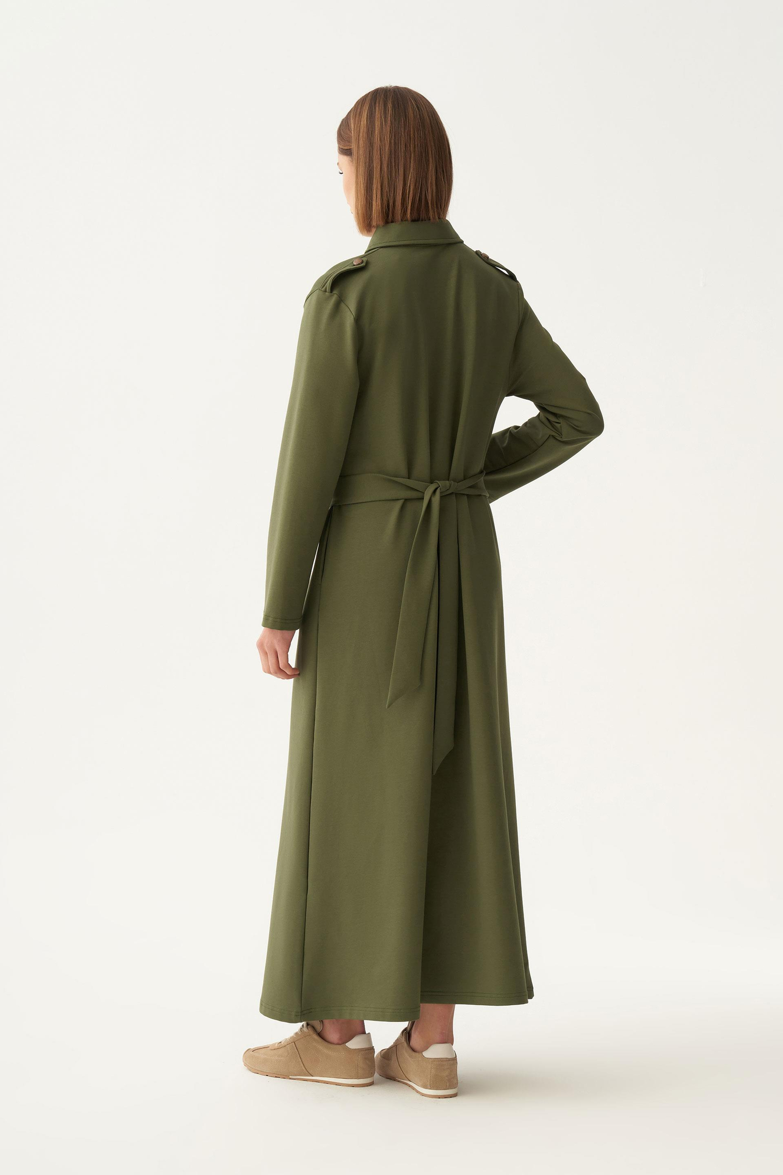 Yeşil-Pamuklu Gömlek Yaka Apoletli Elbise