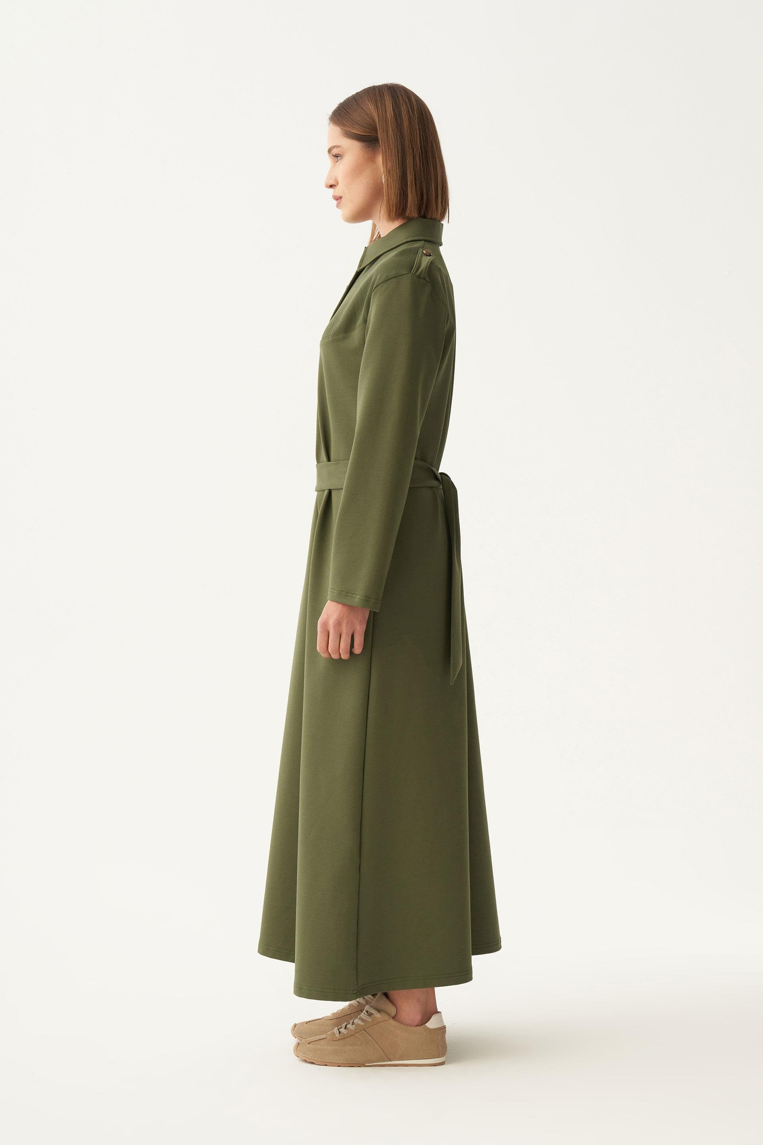 Yeşil-Pamuklu Gömlek Yaka Apoletli Elbise