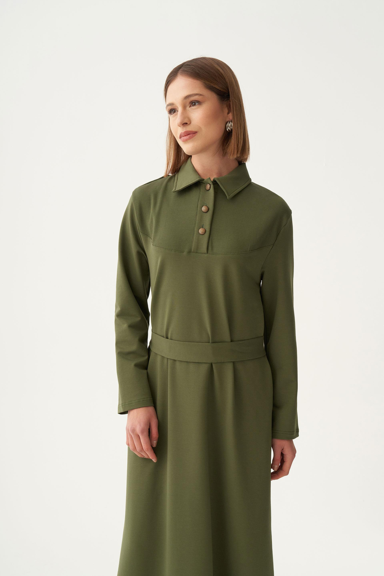 Yeşil-Pamuklu Gömlek Yaka Apoletli Elbise