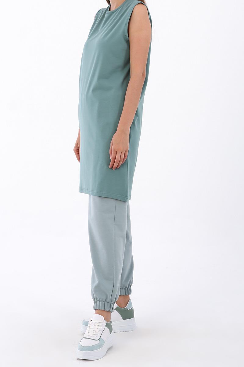 Green-Cotton Collared Sleeveless Tunic