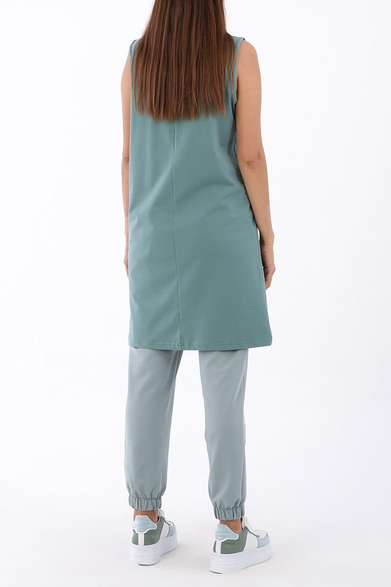 Green-Cotton Collared Sleeveless Tunic