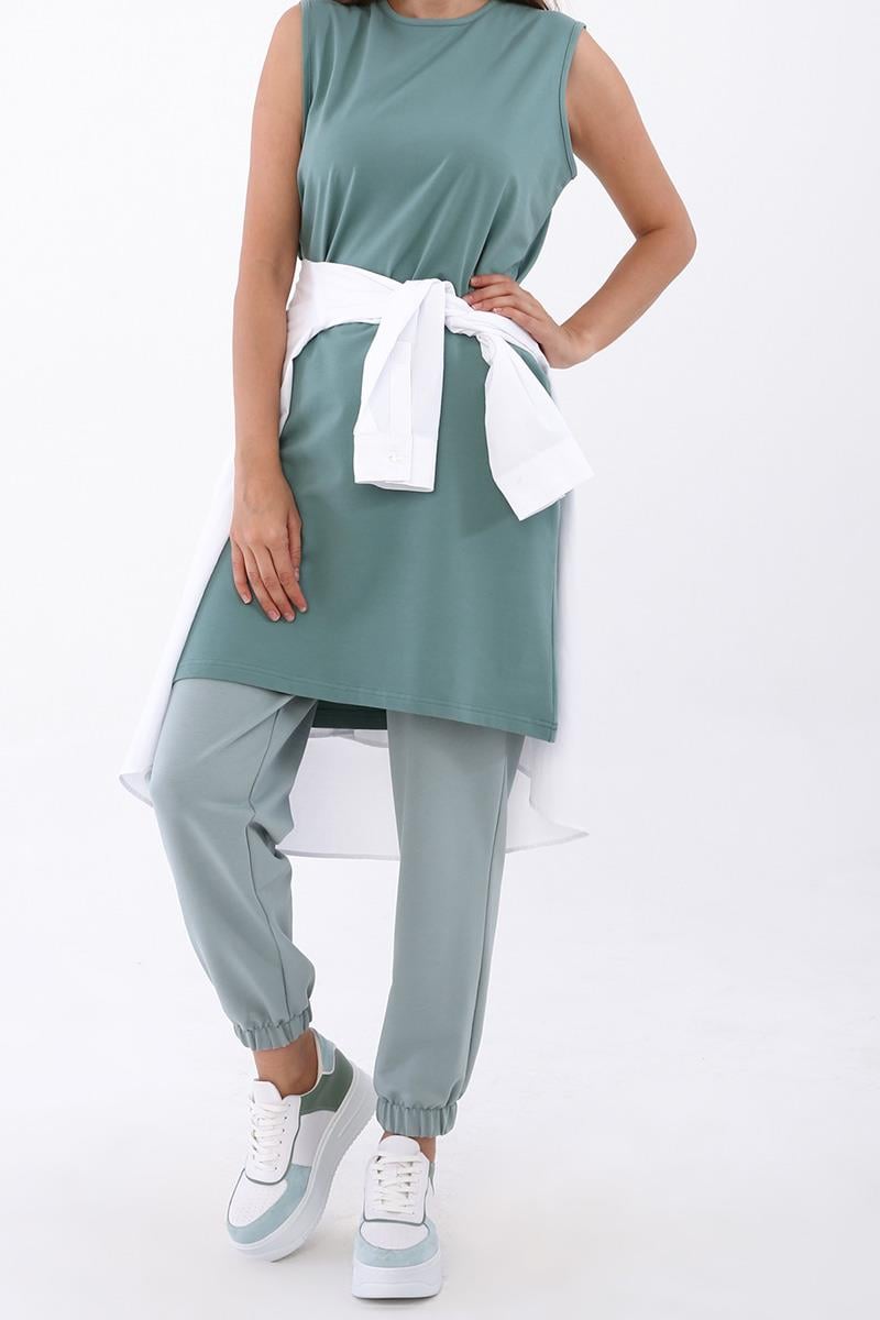 Green-Cotton Collared Sleeveless Tunic