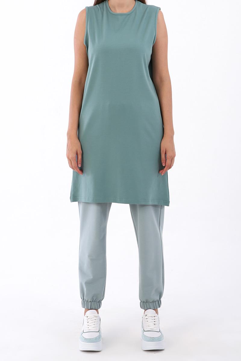 Green-Cotton Collared Sleeveless Tunic