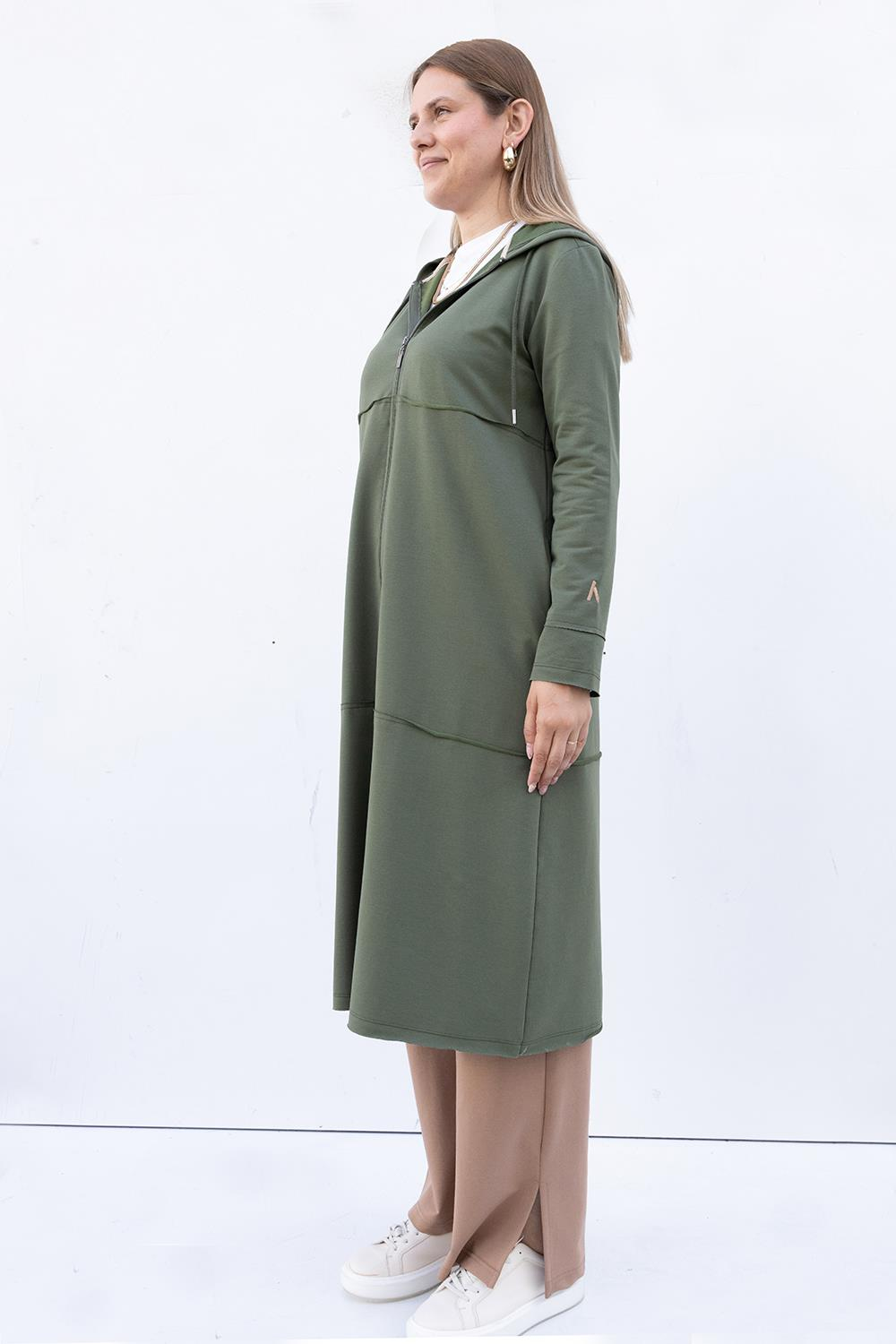 Green-Hooded Zipper Cardigan