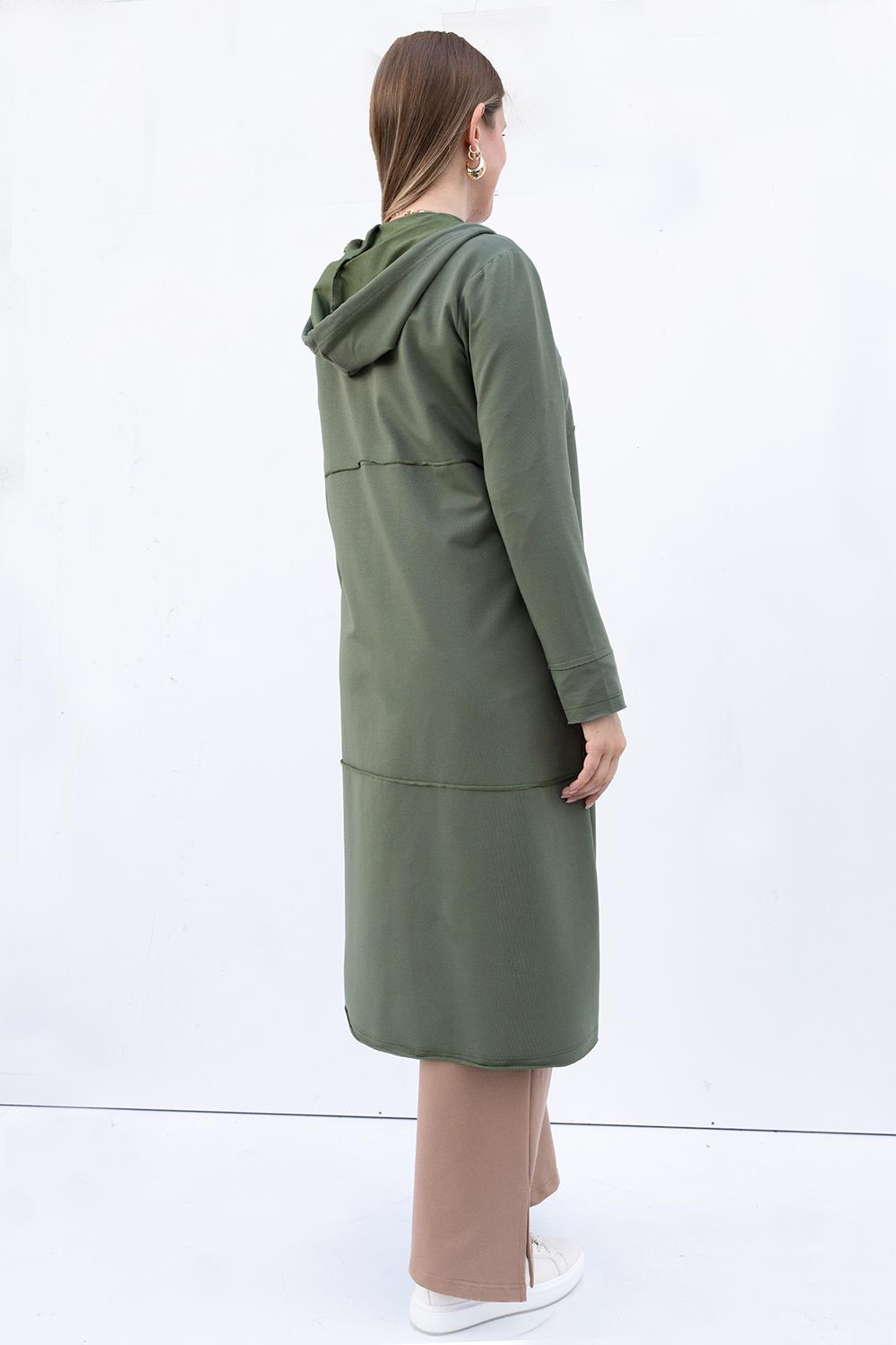 Green-Hooded Zipper Cardigan