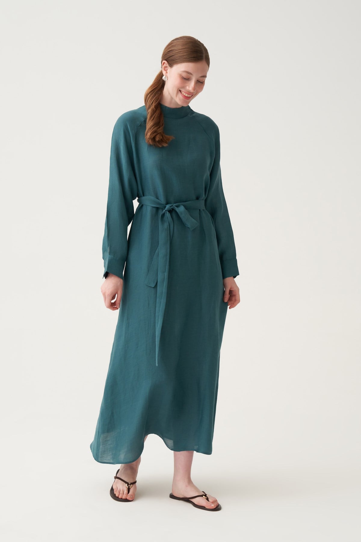 Yeşil-Reglan Belden Bağlamalı Keten Elbise
