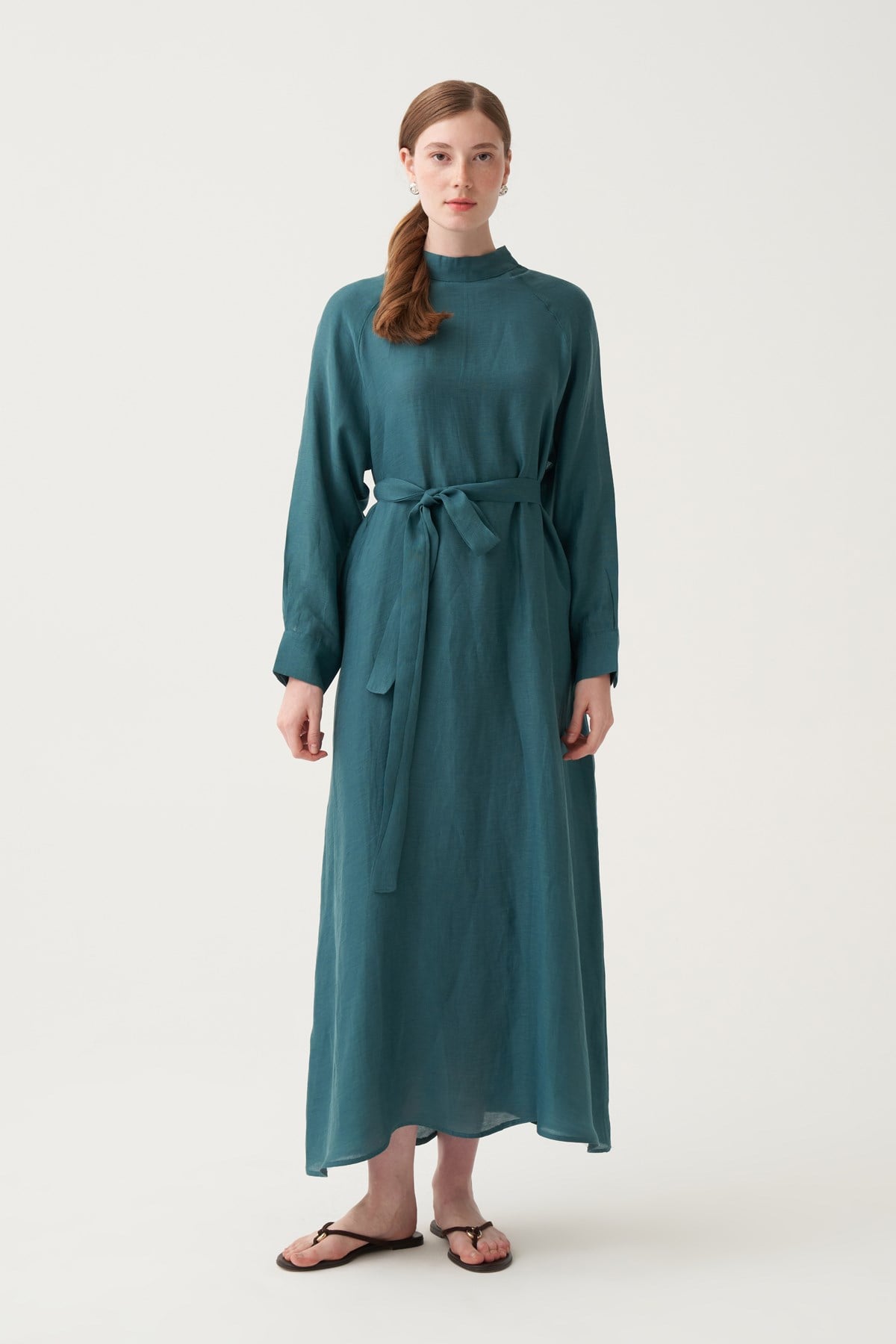 Yeşil-Reglan Belden Bağlamalı Keten Elbise