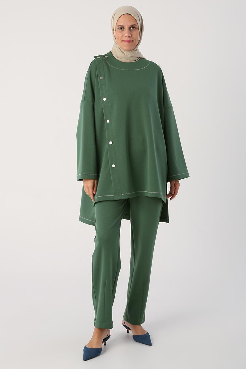 Yeşil-Sim Dikişli Çıtçıtlı Oversize Tunik