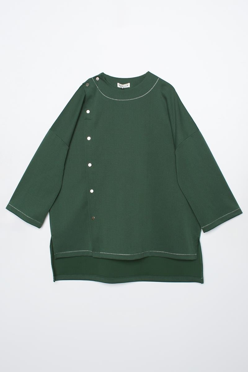 Yeşil-Sim Dikişli Çıtçıtlı Oversize Tunik