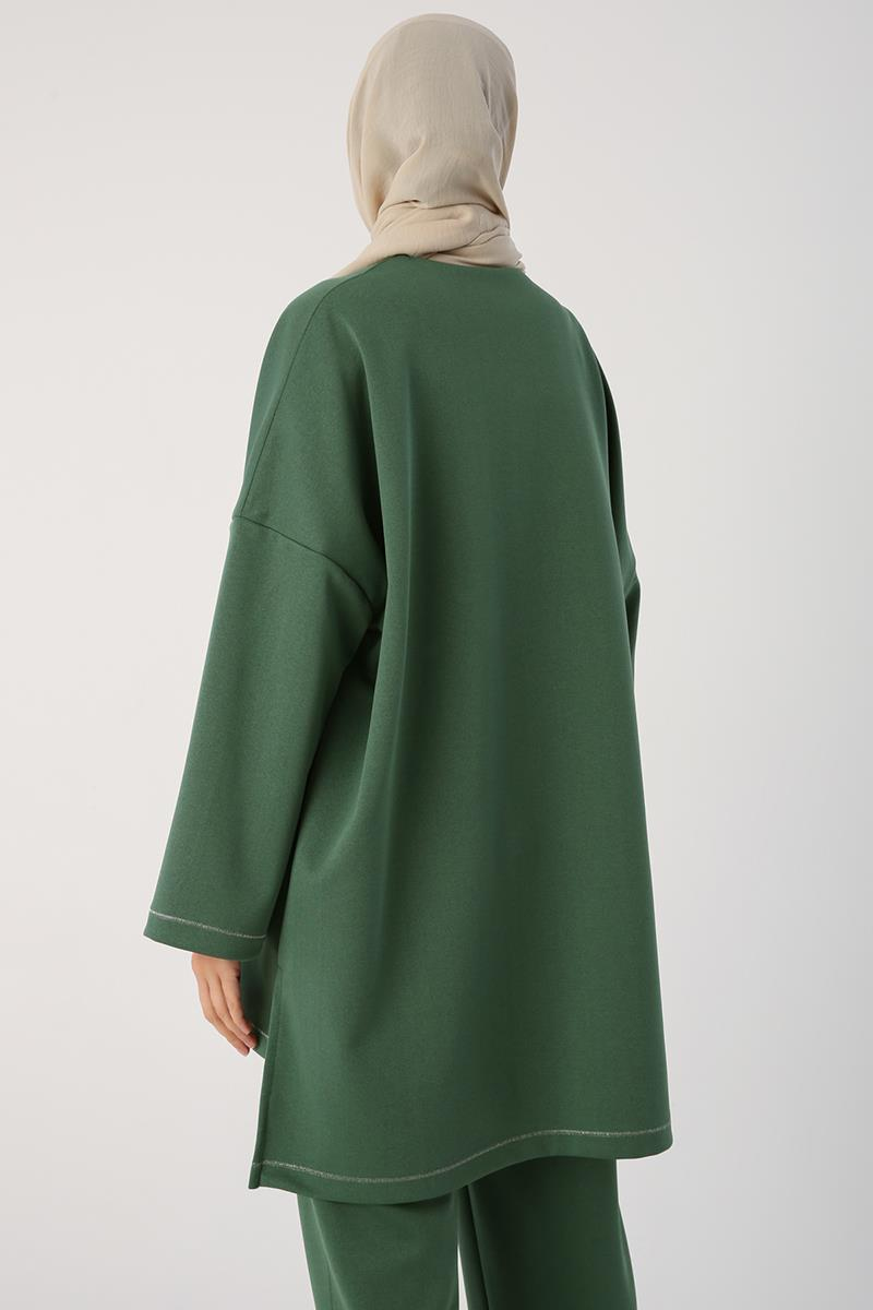 Yeşil-Sim Dikişli Çıtçıtlı Oversize Tunik