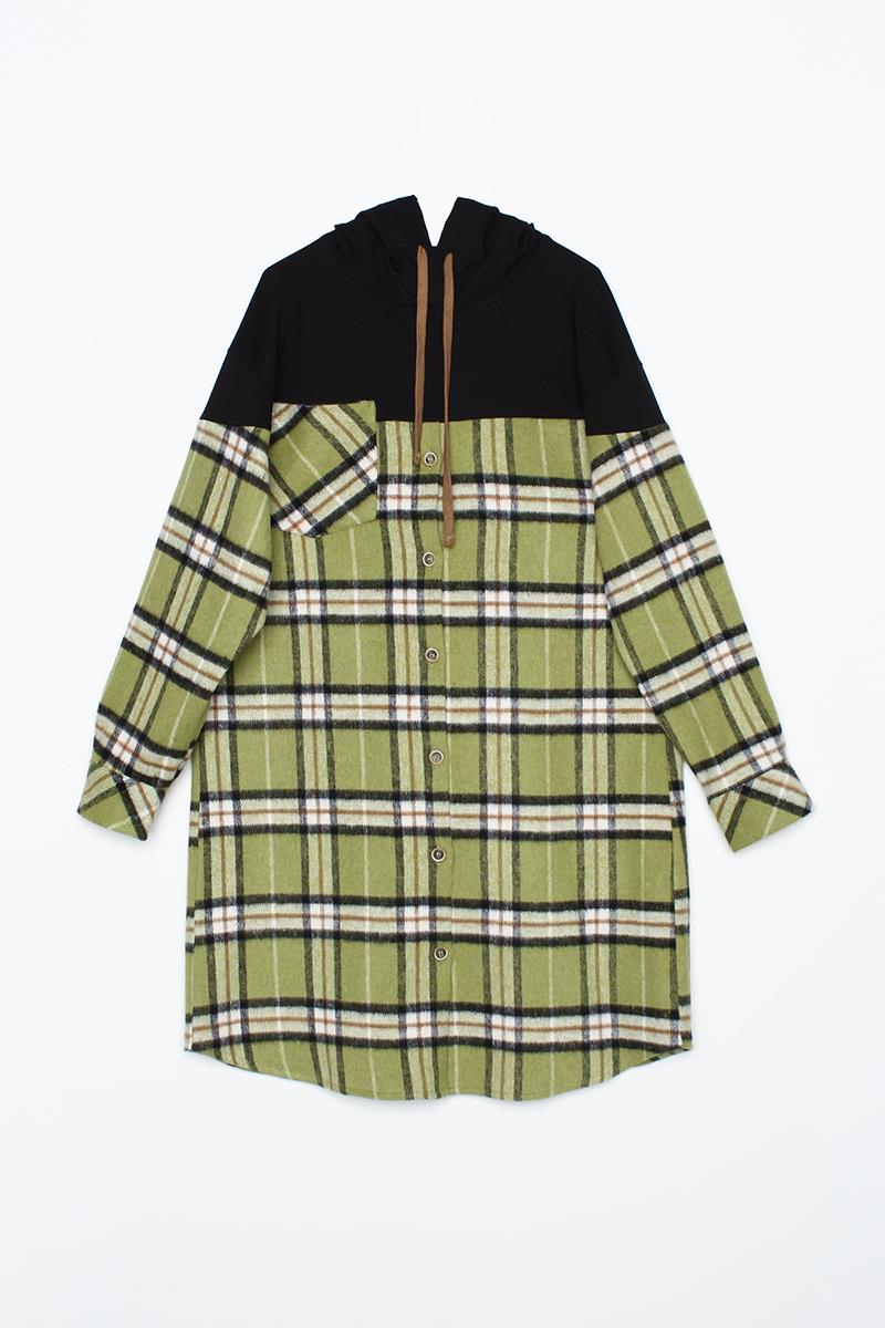 Yeşil-Siyah-Oversize Oduncu Örme Garnili Ekoseli Kapşonlu Tunik