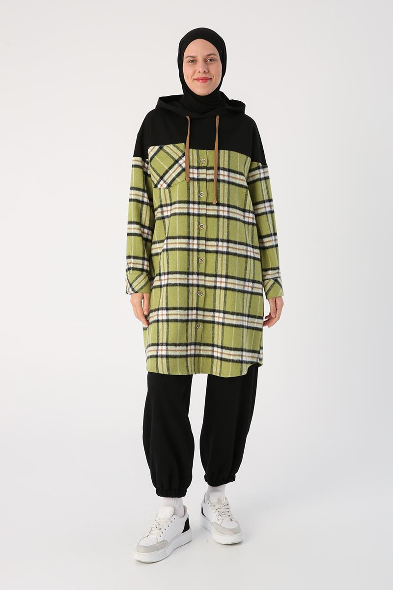 Yeşil-Siyah-Oversize Oduncu Örme Garnili Ekoseli Kapşonlu Tunik