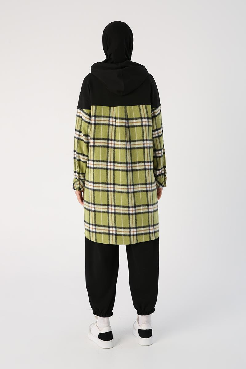 Yeşil-Siyah-Oversize Oduncu Örme Garnili Ekoseli Kapşonlu Tunik