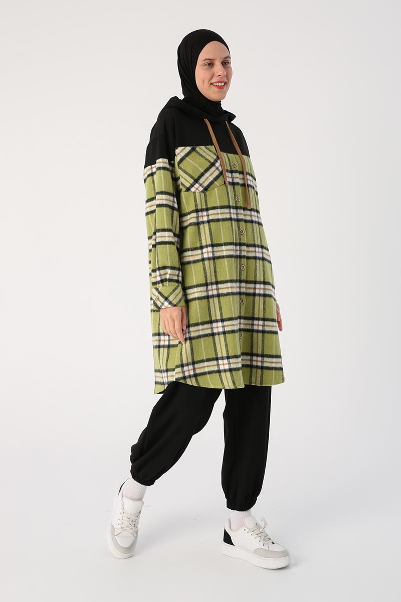 Yeşil-Siyah-Oversize Oduncu Örme Garnili Ekoseli Kapşonlu Tunik