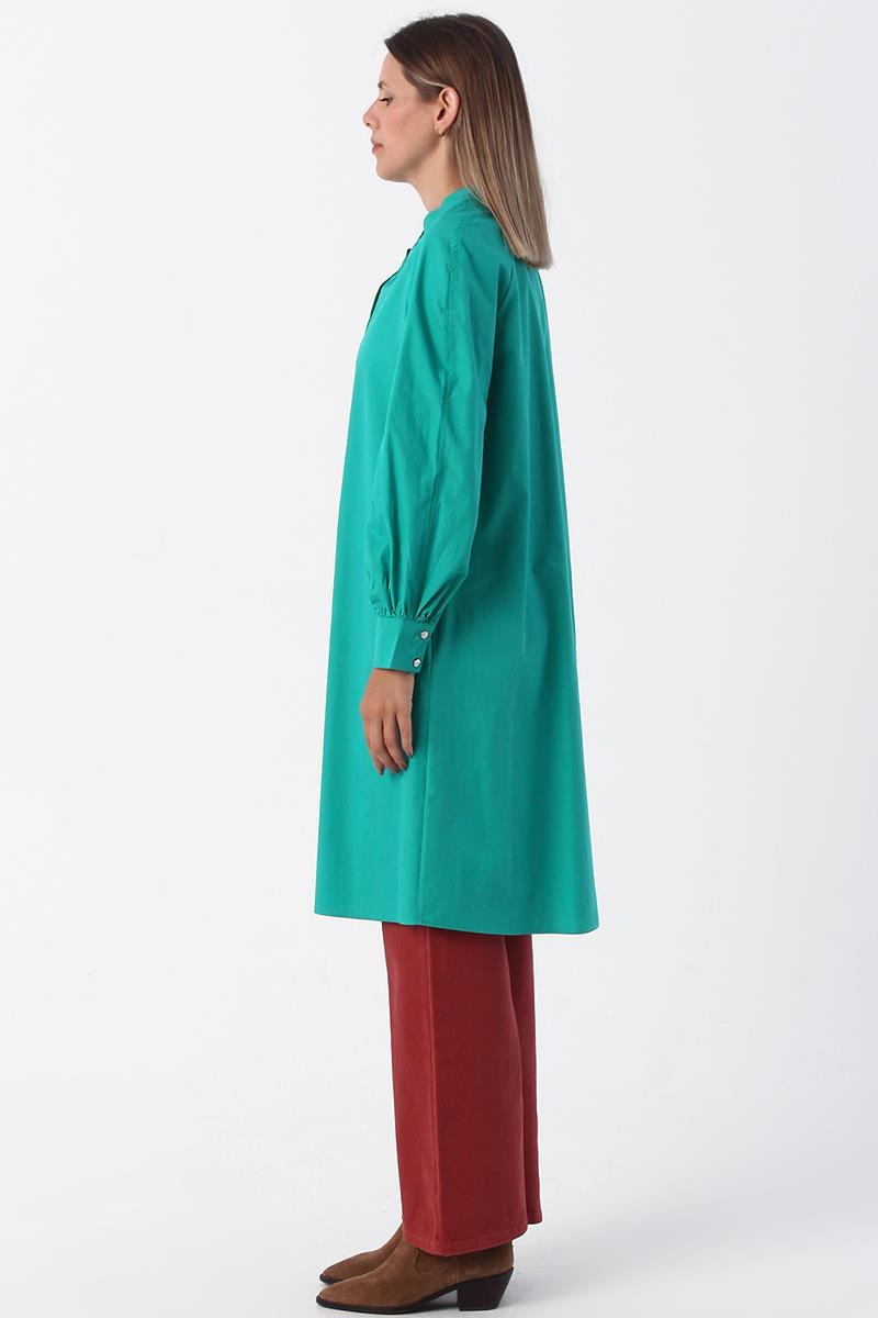 Green01-Dominant Collar Half Placket Cotton Tunic