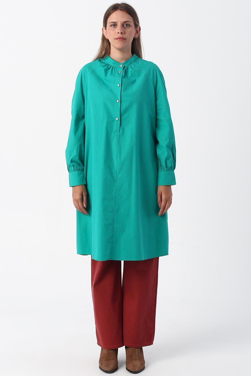 Green01-Dominant Collar Half Placket Cotton Tunic