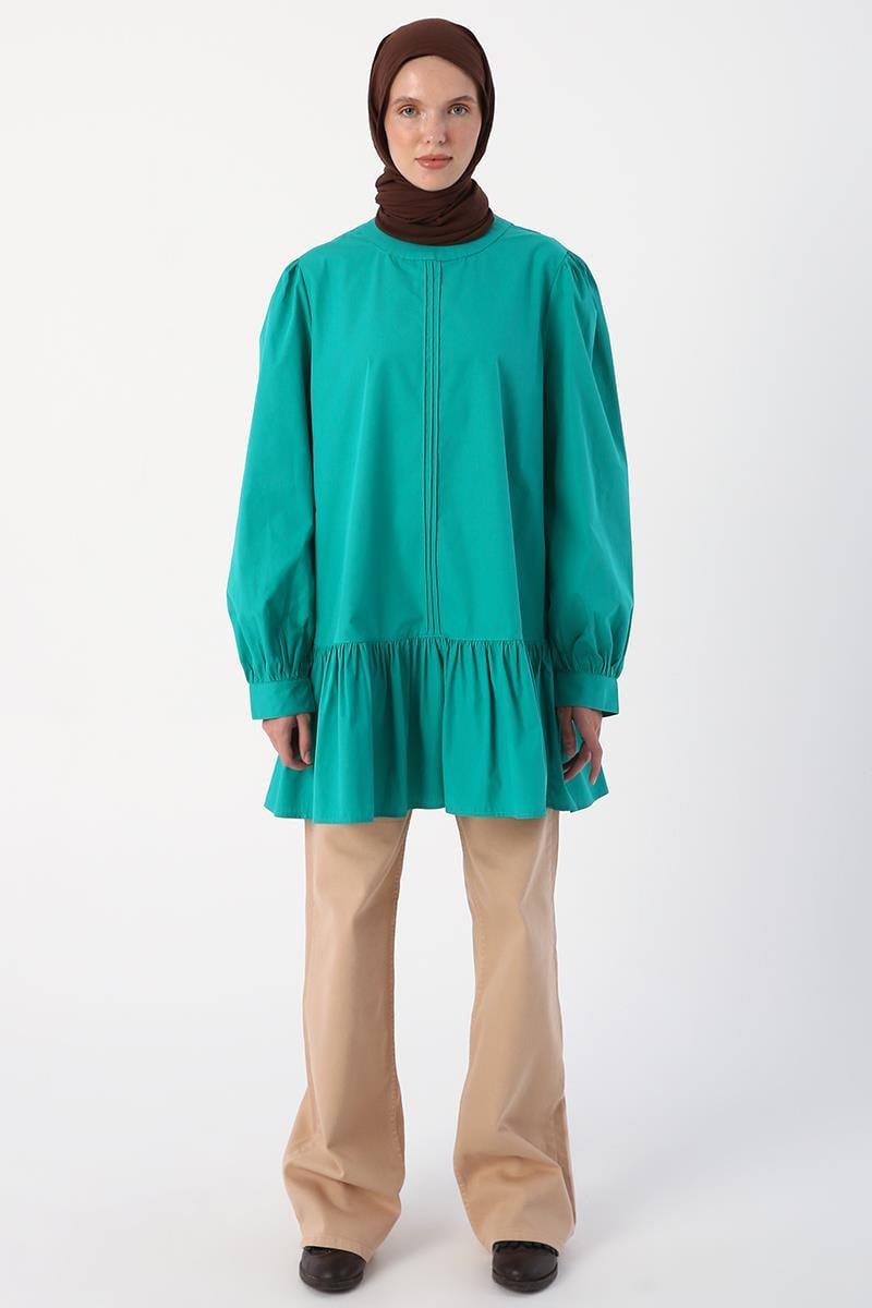 Green01-Ribbed Collarless Cotton Tunic