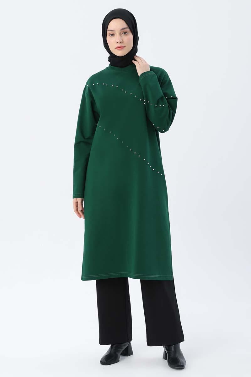 Zümrüt-İncili Uzun Sweat Tunik