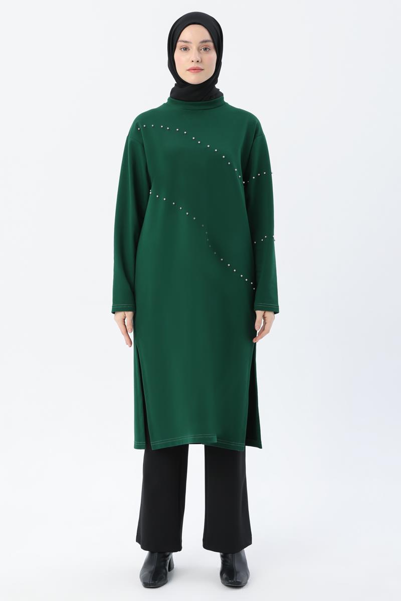 Zümrüt-İncili Uzun Sweat Tunik