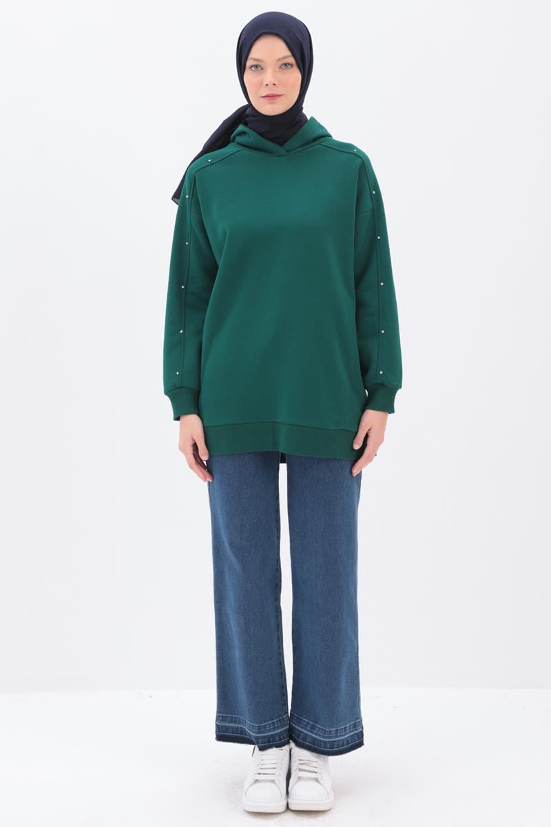 Zümrüt-KOLLARI TAŞLI KAPÜŞONLU SWEAT TUNİK