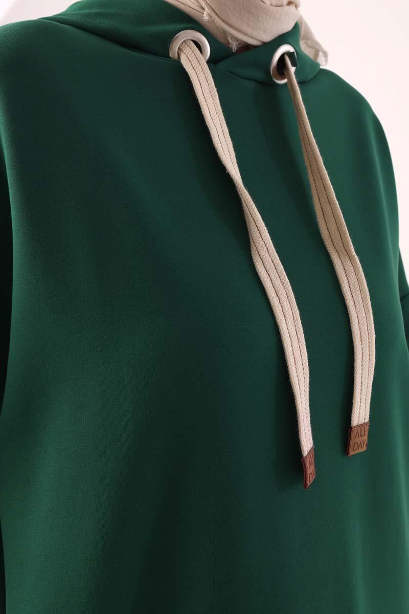 Zümrüt-Kuşgözlü Kapüşonlu Cepli Sweat Tunik