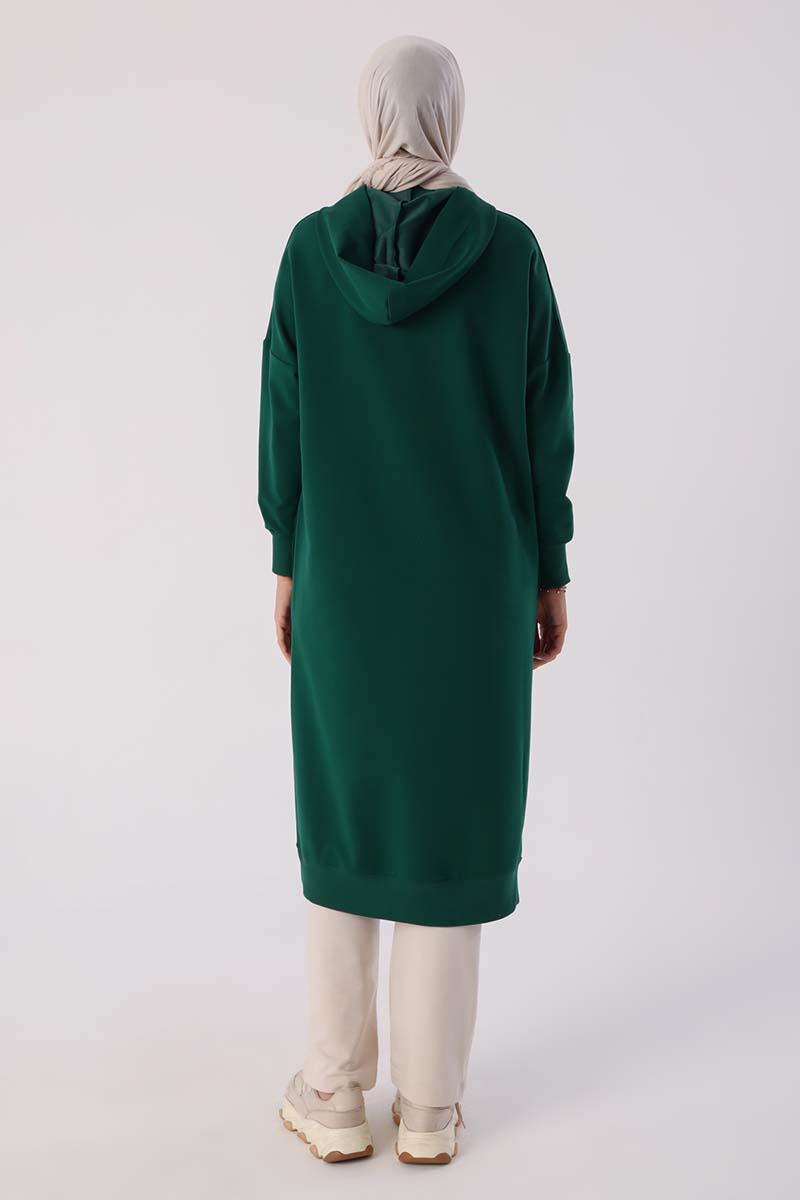 Zümrüt-Kuşgözlü Kapüşonlu Cepli Sweat Tunik
