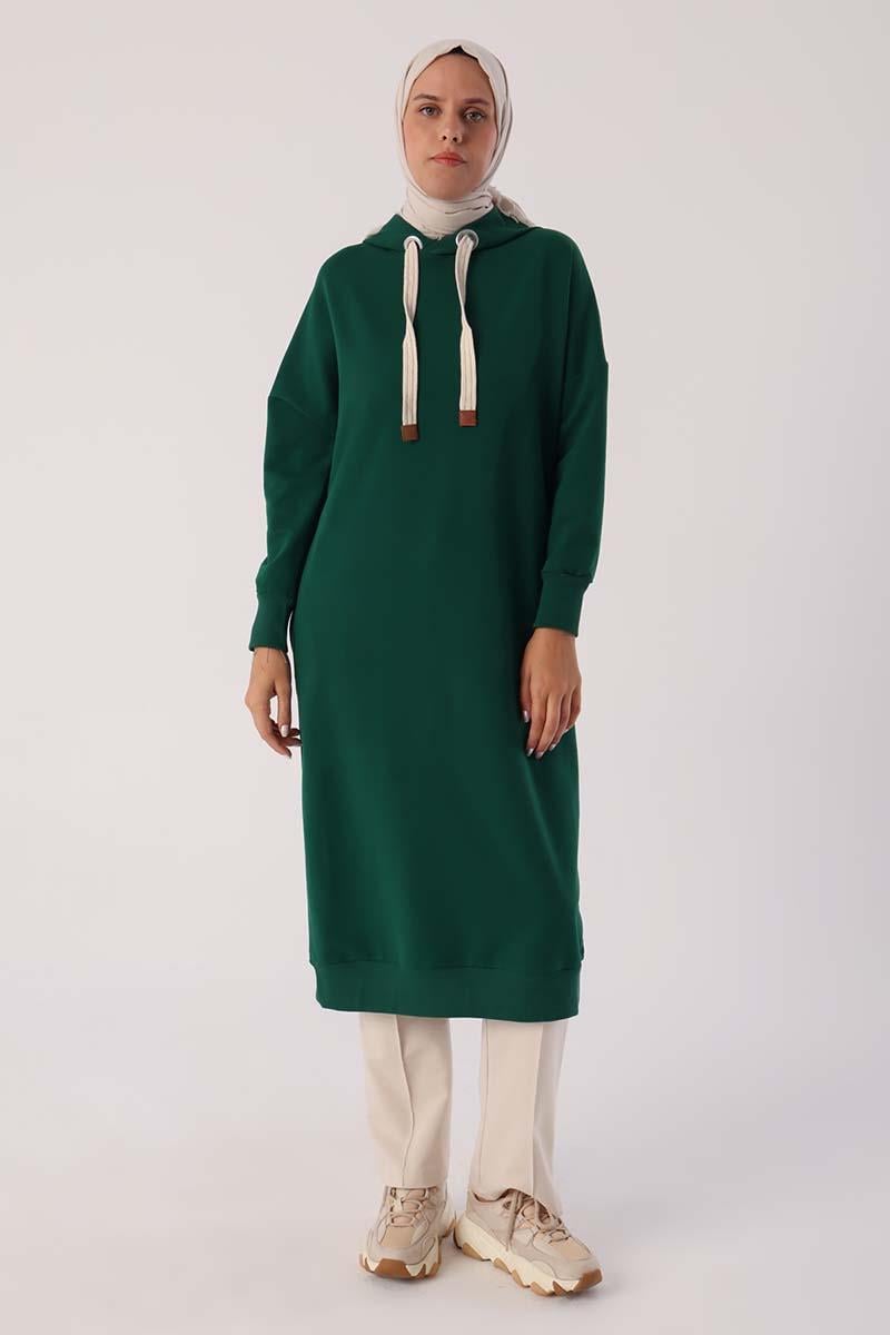 Zümrüt-Kuşgözlü Kapüşonlu Cepli Sweat Tunik