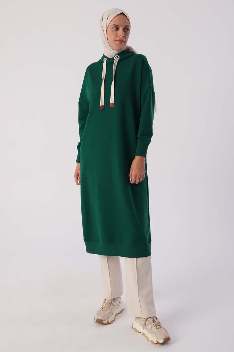 Zümrüt-Kuşgözlü Kapüşonlu Cepli Sweat Tunik