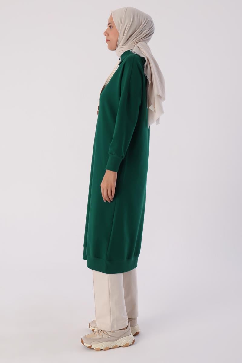 Zümrüt-Kuşgözlü Kapüşonlu Cepli Sweat Tunik