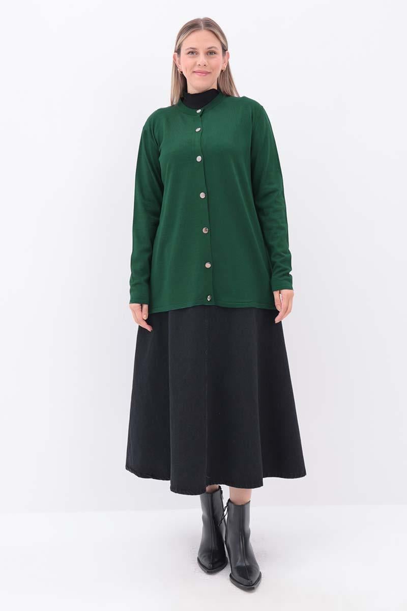 Zümrüt Yeşili-Sakallı İplik Düğmeli Hırka