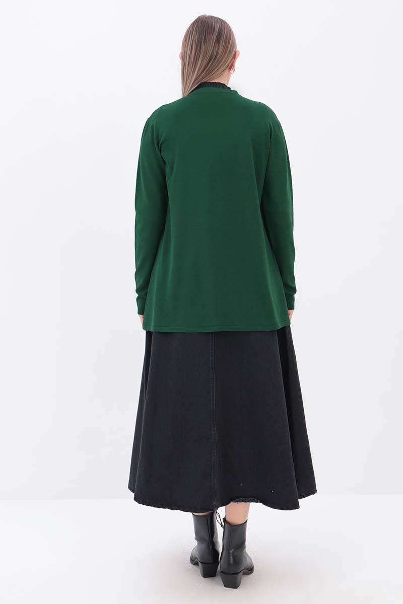 Zümrüt Yeşili-Sakallı İplik Düğmeli Hırka