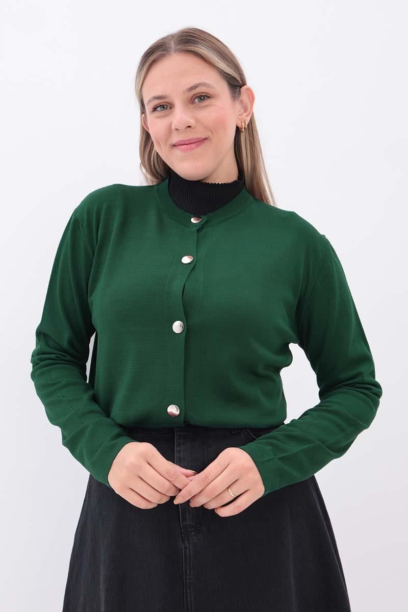 Zümrüt Yeşili-Sakallı İplik Düğmeli Hırka