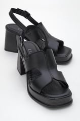 98-D2261-2-SIYAH CILTKEVIN Siyah Cilt Hakiki Deri Kadın Platform Topuklu Sandalet